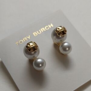 Tory Burch Gold Logo Double Pearl Drop Earrings - White Pearls